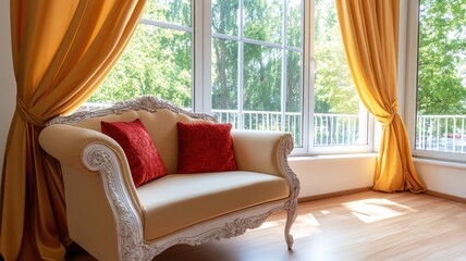 Fototapeta premium Elegant sofa with red pillows by large windows, yellow curtains drawn aside