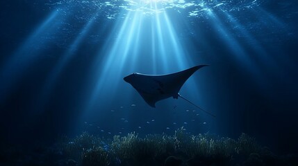 Majestic manta ray silhouetted against sunbeams penetrating deep ocean water above coral reef.
