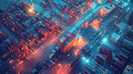 Obraz premium Detailed Conceptual Design of Global Logistics with Containers, Trucks, Ships, and Planes Linked by a Network of Trade Routes and Supply Chains