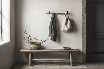 Scandinavian inspired entryway with wooden benches, hooks, and minimalist decor. Interior design, 3D render, Home decoration