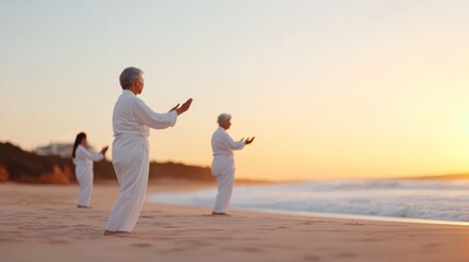 Fototapeta premium Serene Group of Seniors Performing Tai Chi on the Beach at Sunrise, Embracing Tranquility and Wellness in Nature with Soft Ocean Waves in Background