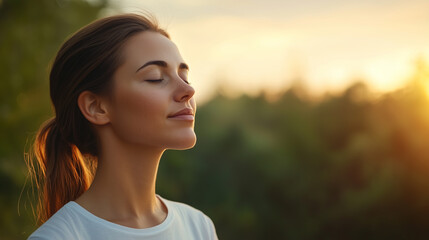 Serene woman enjoying nature at sunset, eyes closed, peaceful expression, surrounded by greenery, reflecting tranquility and calmness.