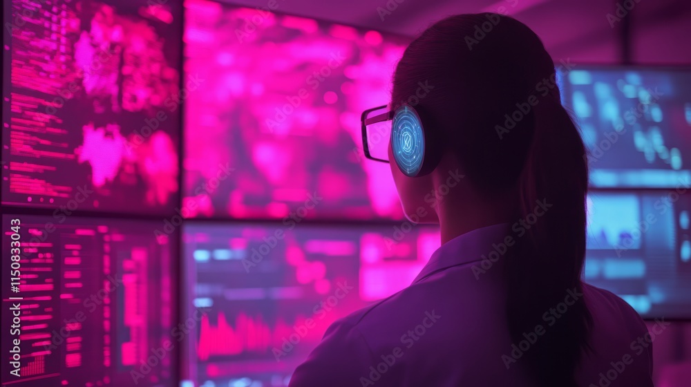 Poster futuristic woman analyzing data on multiple screens in a high-tech environment with abstract visuals
