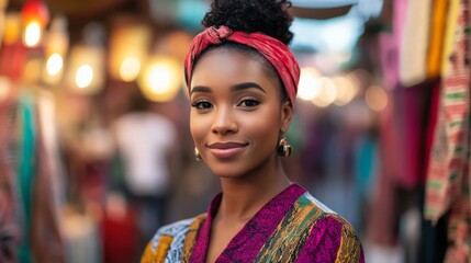 Obraz premium Portrait of a Confident Young Woman in Vibrant Traditional Clothing with a Head Wrap in a Colorful Outdoor Market Setting