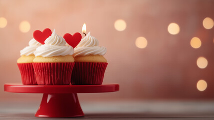 Delicious cupcakes with red hearts and candle, perfect for celebrations.