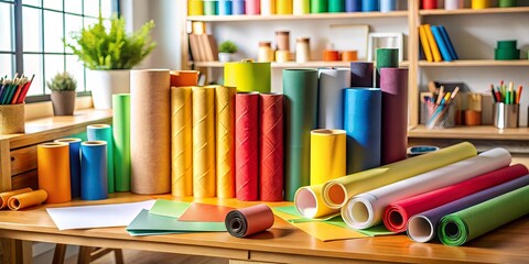 Colorful Rolls of Paper and Cardstock on a Work Desk