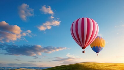 Fototapeta premium Colorful hot air balloons floating over green hill at sunset