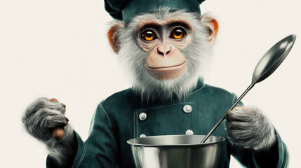 A vibrant and realistic monkey chef illustration, wearing a forest green chef coat with silver buttons, holding a ladle