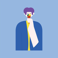 Male character is eating ice cream. Flat vector illustration