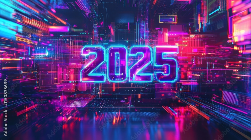 Poster vibrant 3d design with bold text surrounded by colorful patterns in futuristic style