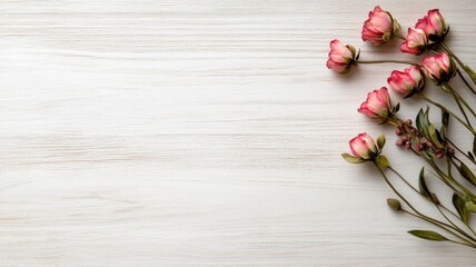 Pink roses on white wood surface, minimalistic floral arrangement
