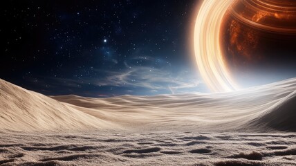 Dramatic view of ringed planet from snowy dunes under starry sky