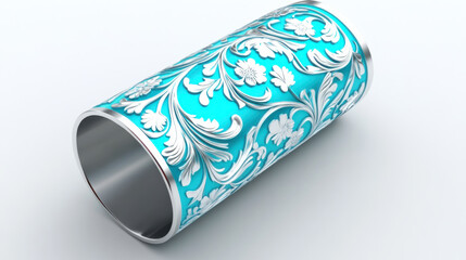 A cylindrical object with intricate patterns, adorned in vibrant turquoise and silver floral motifs, emphasizing clean and sharp details