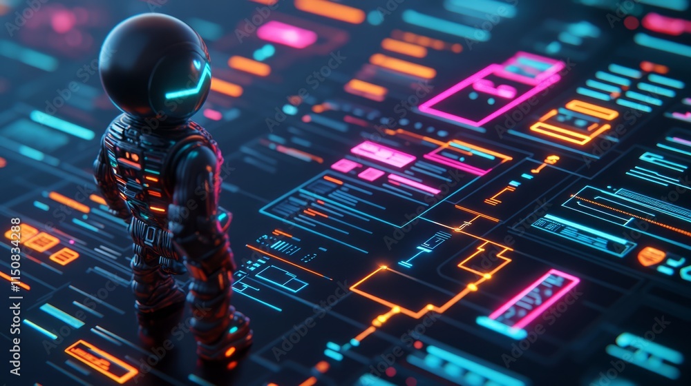 Poster Futuristic Astronaut Exploring a High-Tech Digital Environment with Neon Lights and Interactive User Interface Elements, Showcasing Advanced Concepts of Space Exploration and Technology