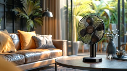 Black Oscillating Table Fan in Modern Living Room Setting