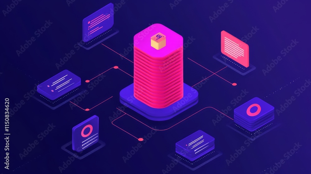Poster abstract digital concept of data storage with colorful interface elements in a modern tech environme