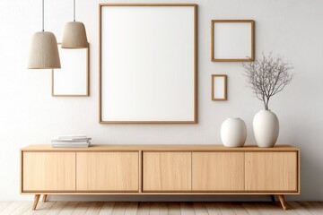 Modern Scandinavian Living Room with Wooden Dresser and Blank Poster Frame on Concrete Wall