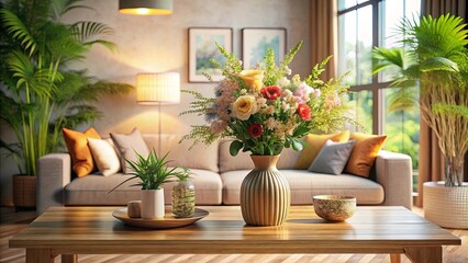 A vibrant flower arrangement in a stylish vase graces a wooden coffee table, enhancing the warm and inviting ambiance of a living room with soft lighting and lush greenery.