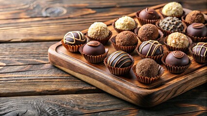 Chocolate truffles on a wooden platter, assorted chocolate treats, rich fillings