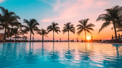 Obraz premium Serene Sunset Reflection Over Tranquil Swimming Pool Surrounded by Lush Palm Trees and a Colorful Sky at Dusk in a Tropical Paradise