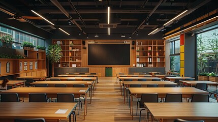 Modern classroom interior with wooden desks, chalkboard, and built-in bookshelves.