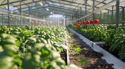 Modern greenhouse filled with rows of plants