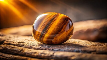 A smooth, golden-brown sphere of polished stone, illuminated by warm light, rests upon a textured, weathered surface.