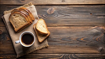 Coffee and bread slices on a rustic wooden table , coffee, bread