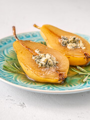 Poached pear with roquefort