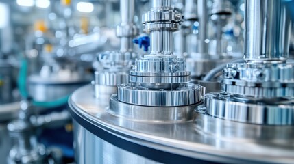 Close-up of stainless steel industrial machinery. Illustrates advanced manufacturing, technology, or pharmaceutical production.