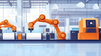 A modern textile factory with robots handling fabric rolls, automatic cutting machines in use, bright and clean industrial setting