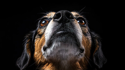 the little dog looking up. the lost little dog. copy space, banner background