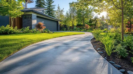 Curving driveway leads to modern home, lush landscaping. Perfect for real estate, home improvement, or landscaping websites.