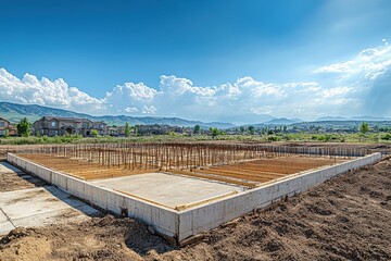 New home construction foundation, beams and rebar in place. Illustrates early stages of residential building.