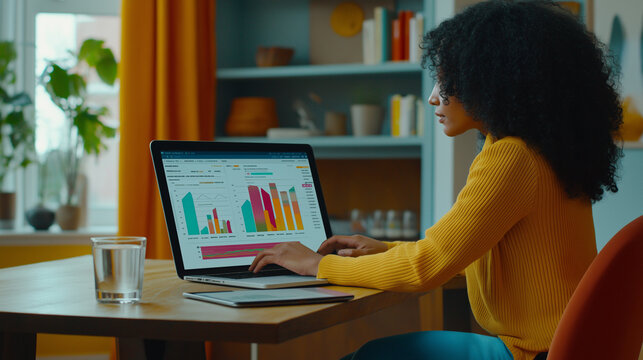 Young woman analyzing graphs on laptop, working from home office