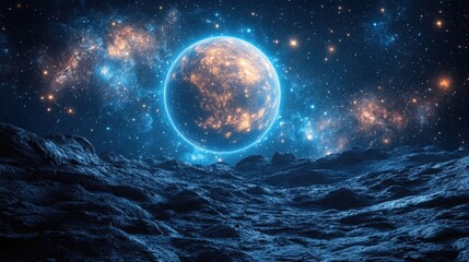 Alien planet landscape with glowing celestial body and starry night sky.