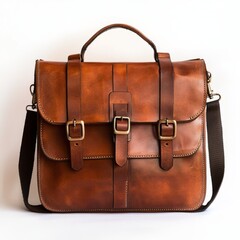 A classic leather satchel bag on a white background