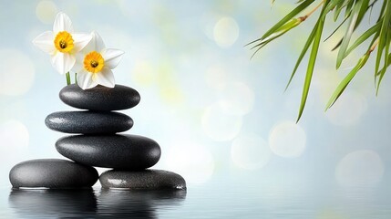 Obraz premium Tranquil Waterside Scene with Stones, Bamboo, and Narcissus Flower