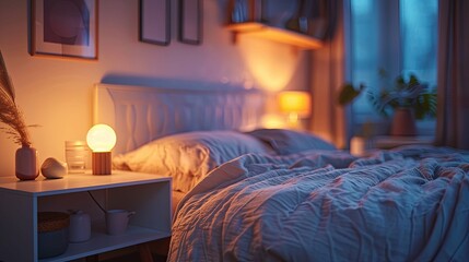 Warmly lit bedroom with a nightstand, lamp, and unmade bed at night