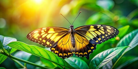 Fototapeta premium A vibrant yellow butterfly with black markings rests on a bed of lush green foliage, bathed in the warm glow of sunlight.