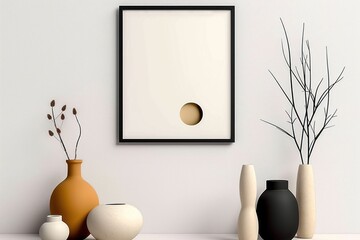 Minimalist Living Room with Square Poster Frame and Vases on White Wall