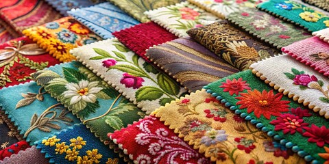 A vibrant tapestry of floral patterned fabric squares with contrasting colors and textures, stitched together to create a unique and beautiful design.