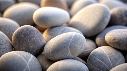 A close-up view of smooth, gray river stones, each with a unique pattern, highlighting the natural artistry of time and erosion.