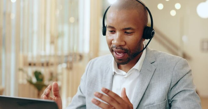 Headset, call center and black man agent in office for crm conversation for online consultation. Technology, assistant and African male telemarketing operator for customer service in workplace.