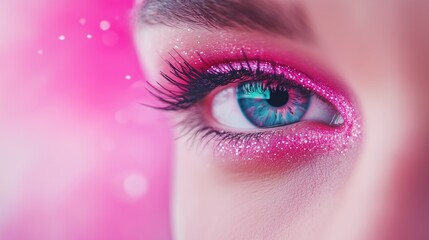 Vibrant Close-Up of Woman's Eye with Glittery Makeup and Pink Background for Beauty and Fashion Concepts in High Resolution