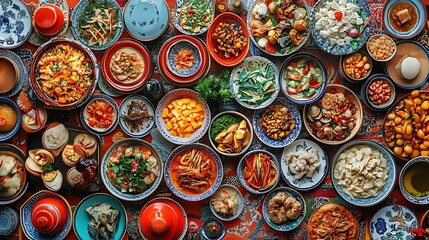 A vibrant spread of traditional Chinese New Year dishes viewed from above 