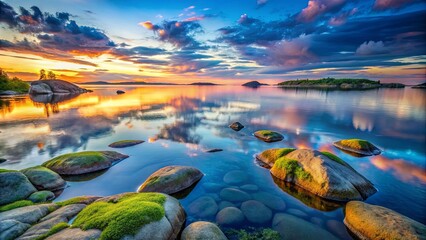 Tranquil Water Reflections of a Serene Sunset Over a Distant Island With Moss Covered Rocks in the Foreground