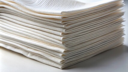 A stack of crisp, white, folded cloth napkins, carefully arranged and ready for use, their smooth texture inviting touch and their simple elegance adding refinement to any setting.