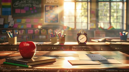 Sunlit Classroom Desk with Apple, Book, and Papers, Back to School Scene