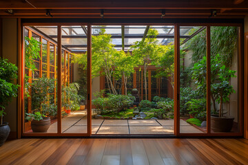 Obraz premium Japanese inspired garden room with tatami mats, sliding doors, and bonsai plants. Interior design, 3D render, Home decoration